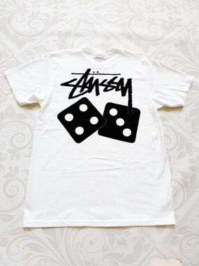 Stussy White Short Sleeve Tee with Black Dice Logo